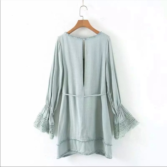 Crochet Fringe Bell Sleeve Boho Gypsy Dress Mint - Picture 6 of 12